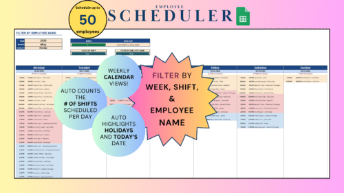 Beige Pastel Minimalist Thesis Defense Presentation (8) Employee scheduler in Google Sheets for up to 50 employees: a weekly calendar of shifts, filtered by week, shift and employee name. It counts the shifts scheduled each day and highlights holidays and today's date.