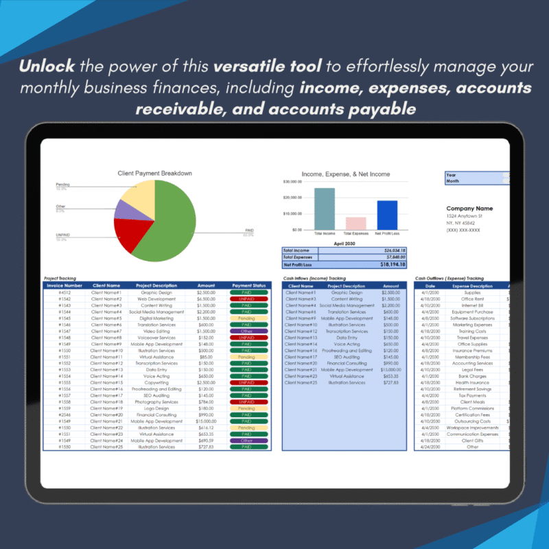 Black and Beige Simple Tablet UI Design Mockup Instagram Post (2) Freelance accounting shown on a tablet: monthly income, expenses, accounts receivable and accounts payable, with a client payment breakdown chart.