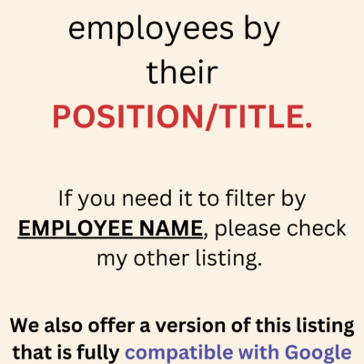 This scheduler filters employees by position or title. A version that filters by name is a separate listing, and a Google Sheets version is described in the listing.