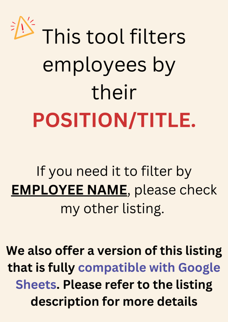This scheduler filters employees by position or title. A version that filters by name is a separate listing, and a Google Sheets version is described in the listing.