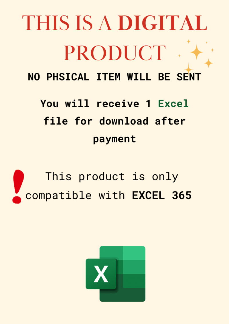 This is a digital product; no physical item is sent. You receive 1 Excel file after payment. It works only with Excel 365.