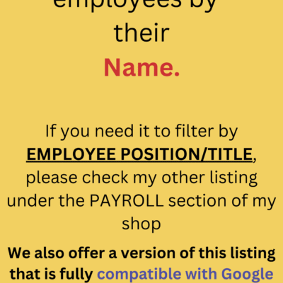 This scheduler filters employees by name. A version that filters by position is in the Payroll section, and a Google Sheets version is described in the listing.