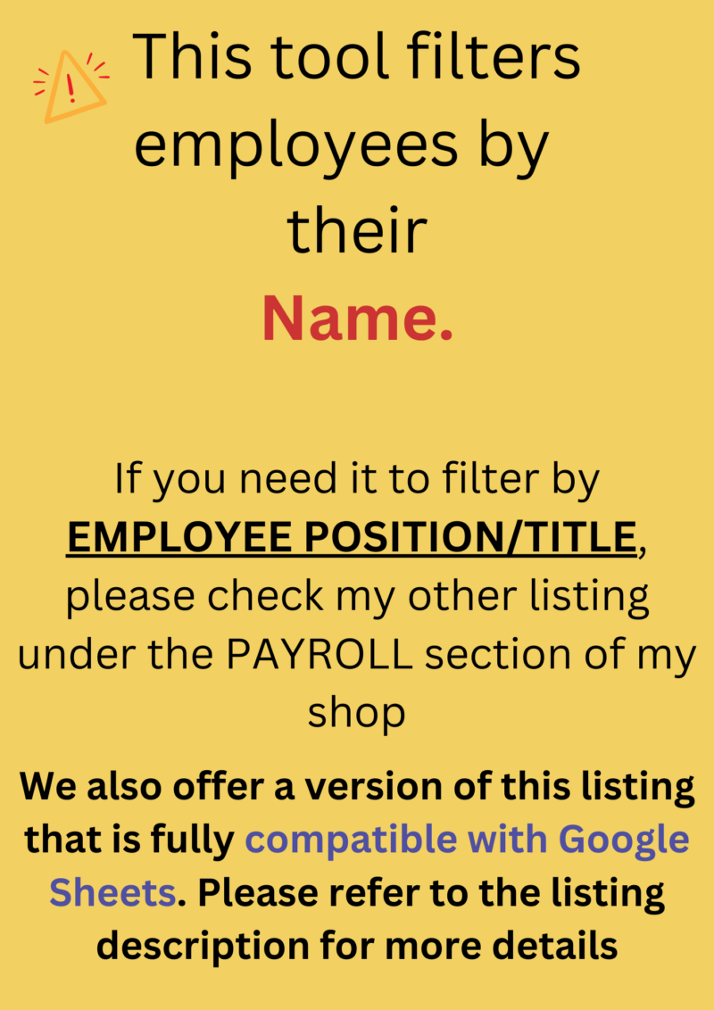 This scheduler filters employees by name. A version that filters by position is in the Payroll section, and a Google Sheets version is described in the listing.