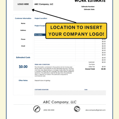 Copy of Personal (1) A blank work estimate with a space to insert your company logo.