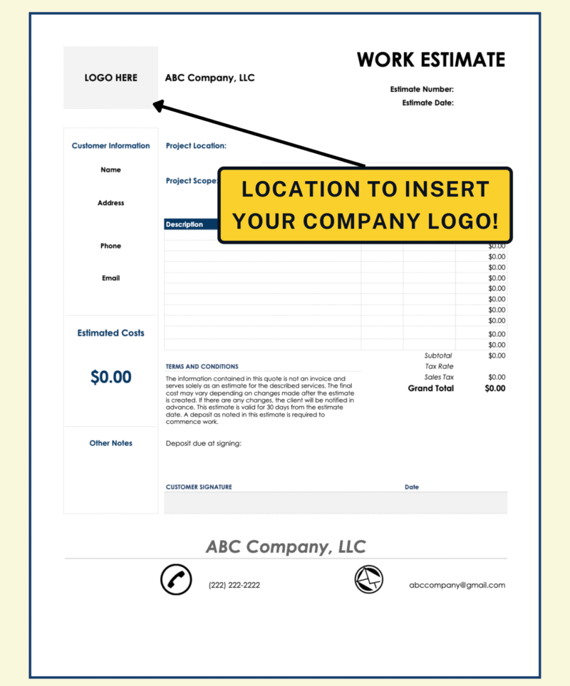 Copy of Personal (1) A blank work estimate with a space to insert your company logo.