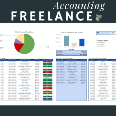 Green Purple Minimalist Webinar Facebook Post (1) Freelance accounting for a chosen month: total income, expenses and net profit, a client payment breakdown by status, and project tracking, cash inflow and cash outflow lists.