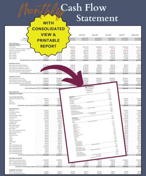 Monthly cash flow statement with a consolidated view and a printable report: operating, investing and financing cash receipts and cash paid out by month, and a one-month printable statement.