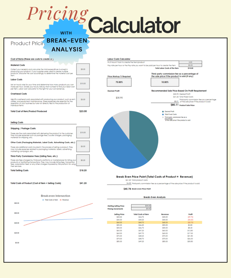 Personal (2) Product pricing calculator with break-even analysis: material, labor, overhead and selling costs, price markup and commission fees, a recommended sale price, the break-even price, and a chart where cost and revenue lines intersect.