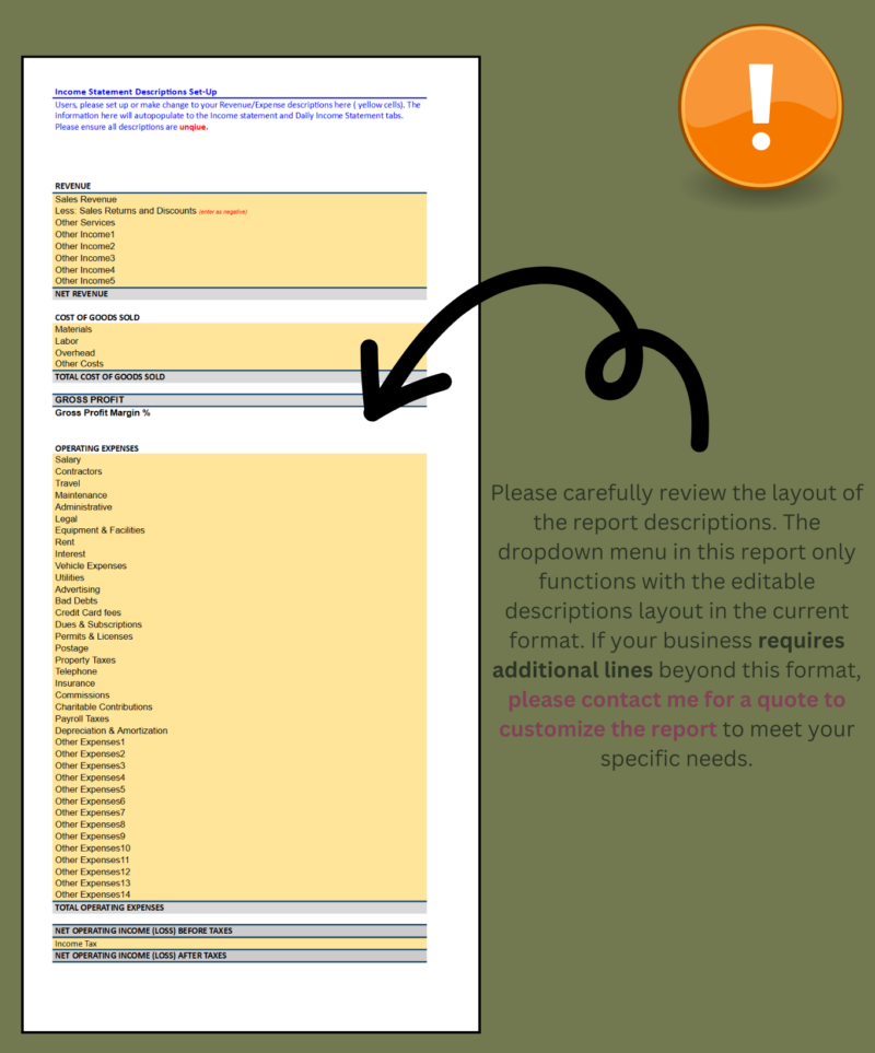 Personal (2) Income statement description setup: descriptions can be edited within the current layout; more lines can be added with a customization quote.