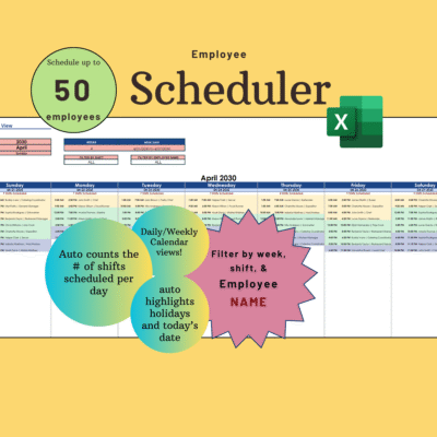 Employee scheduler in Excel for up to 50 employees: a weekly calendar of shifts, filtered by week, shift and employee name. It counts the shifts scheduled each day and highlights holidays and today's date.