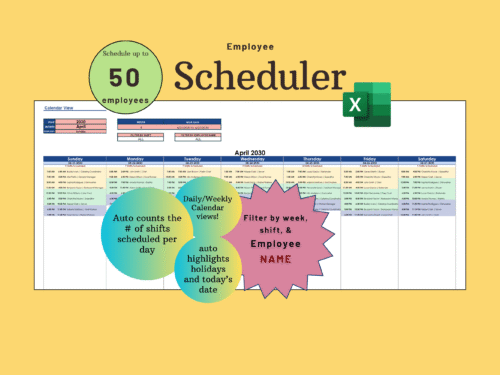 Trucking Spreadsheet (1) Employee scheduler in Excel for up to 50 employees: a weekly calendar of shifts, filtered by week, shift and employee name. It counts the shifts scheduled each day and highlights holidays and today's date.