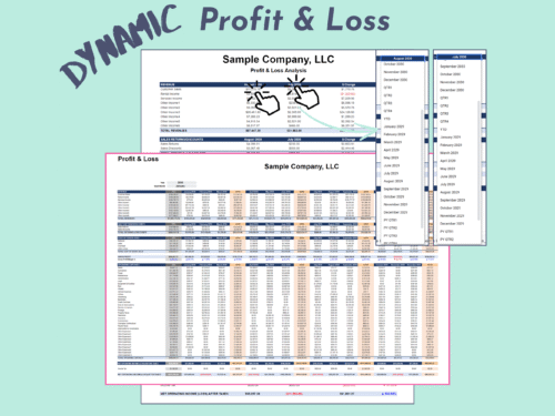 Dynamic profit and loss for a sample company: a monthly profit and loss statement, and an analysis that compares any two periods (month, quarter or year to date) with dollar change.