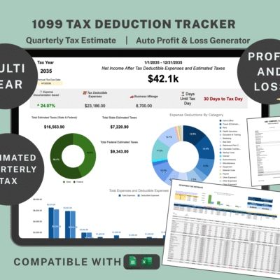 Trucking Spreadsheet 1099 tax deduction tracker for several years: net income after deductible expenses and estimated taxes, estimated state and federal quarterly taxes, expense deductions by category, business mileage, a quarterly tax estimate and a profit and loss report. Excel and Google Sheets.