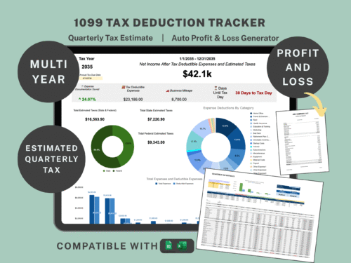1099 tax deduction tracker for several years: net income after deductible expenses and estimated taxes, estimated state and federal quarterly taxes, expense deductions by category, business mileage, a quarterly tax estimate and a profit and loss report. Excel and Google Sheets.