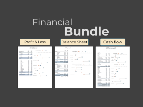 Financial bundle: profit and loss, balance sheet and cash flow templates for a sample company, each with comparison charts.