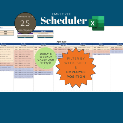 Employee scheduler in Excel for up to 25 employees: a weekly calendar of shifts, filtered by week, shift and employee position.