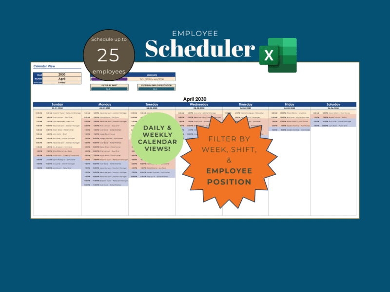 Employee scheduler in Excel for up to 25 employees: a weekly calendar of shifts, filtered by week, shift and employee position.