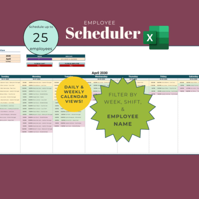 Employee scheduler in Excel for up to 25 employees: a weekly calendar of shifts, filtered by week, shift and employee name.