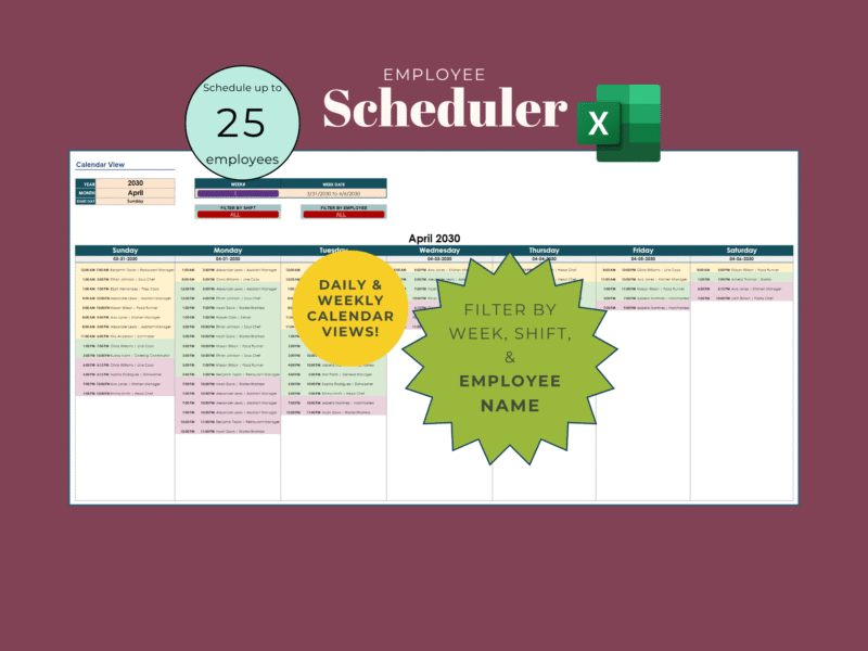 Employee scheduler in Excel for up to 25 employees: a weekly calendar of shifts, filtered by week, shift and employee name.