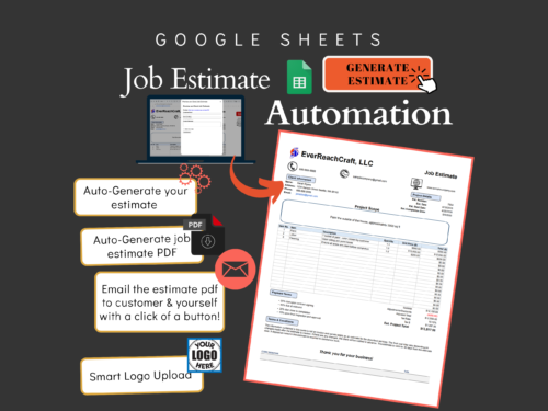 Google Sheets job estimate automation: create an estimate and its PDF automatically, email it to the customer and yourself with one button, and upload a logo. A sample job estimate is shown.