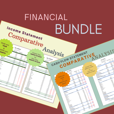 Financial bundle of comparative analyses: an income statement and a cash flow statement, each comparing year over year, month over month, and current year to date versus prior year to date.