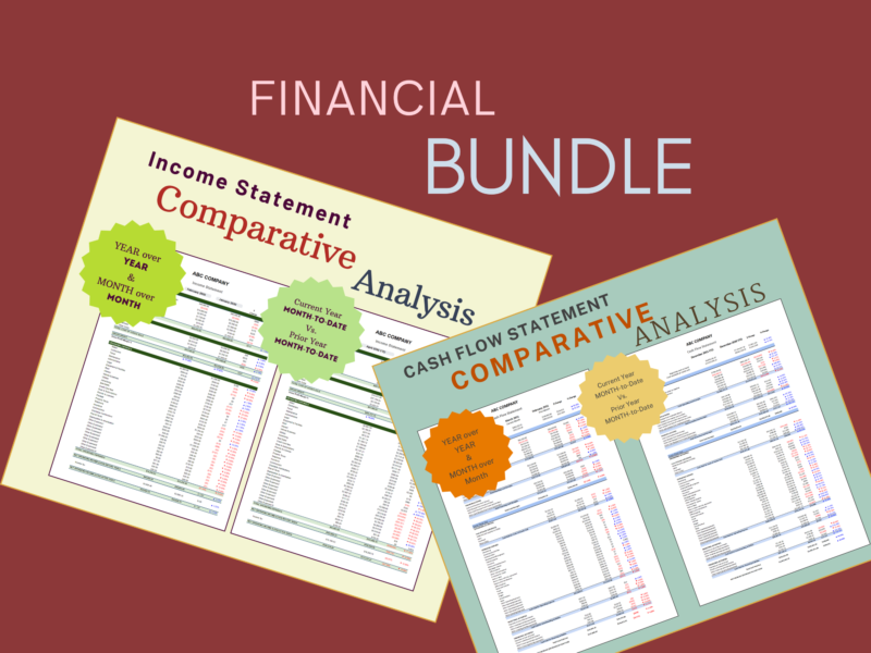 Financial bundle of comparative analyses: an income statement and a cash flow statement, each comparing year over year, month over month, and current year to date versus prior year to date.