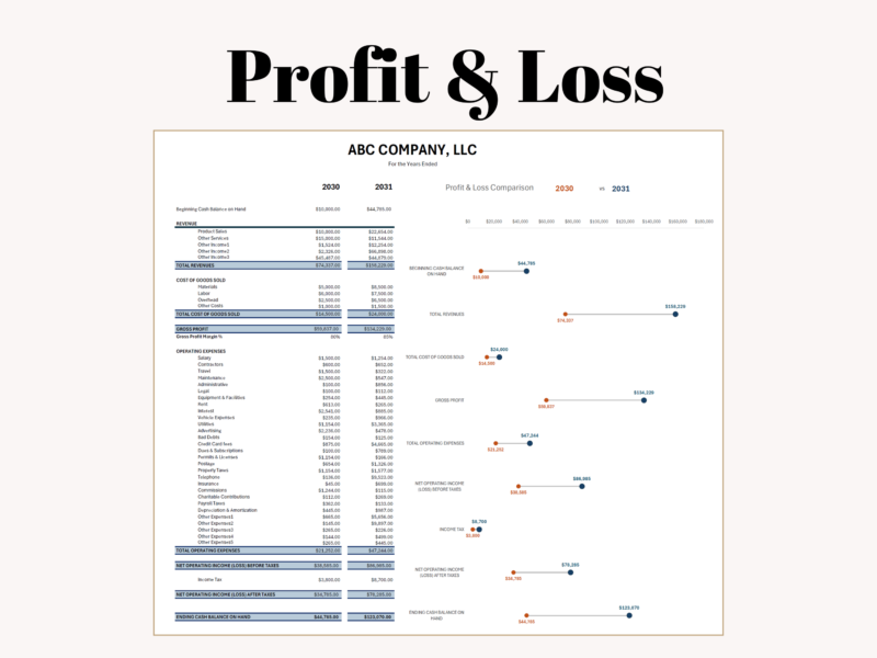 Two-year profit and loss comparison: revenue, cost of goods sold, gross profit, operating expenses and income for both years, with a dot chart showing the change in each total from one year to the next.