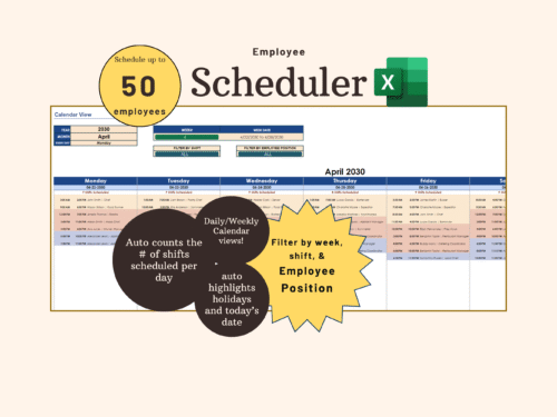 Trucking Spreadsheet Employee scheduler in Excel for up to 50 employees: a weekly calendar of shifts, filtered by week, shift and employee position. It counts the shifts scheduled each day and highlights holidays and today's date.