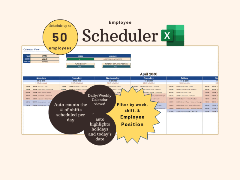 Employee scheduler in Excel for up to 50 employees: a weekly calendar of shifts, filtered by week, shift and employee position. It counts the shifts scheduled each day and highlights holidays and today's date.