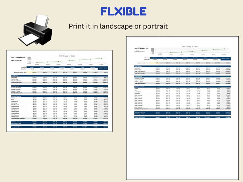 The daily cash flow can be printed in landscape or portrait.