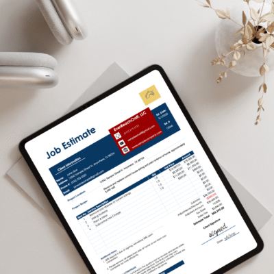 White Minimalist Clothes Tablet Mockup Instagram Story A tablet on a table showing the job estimate.
