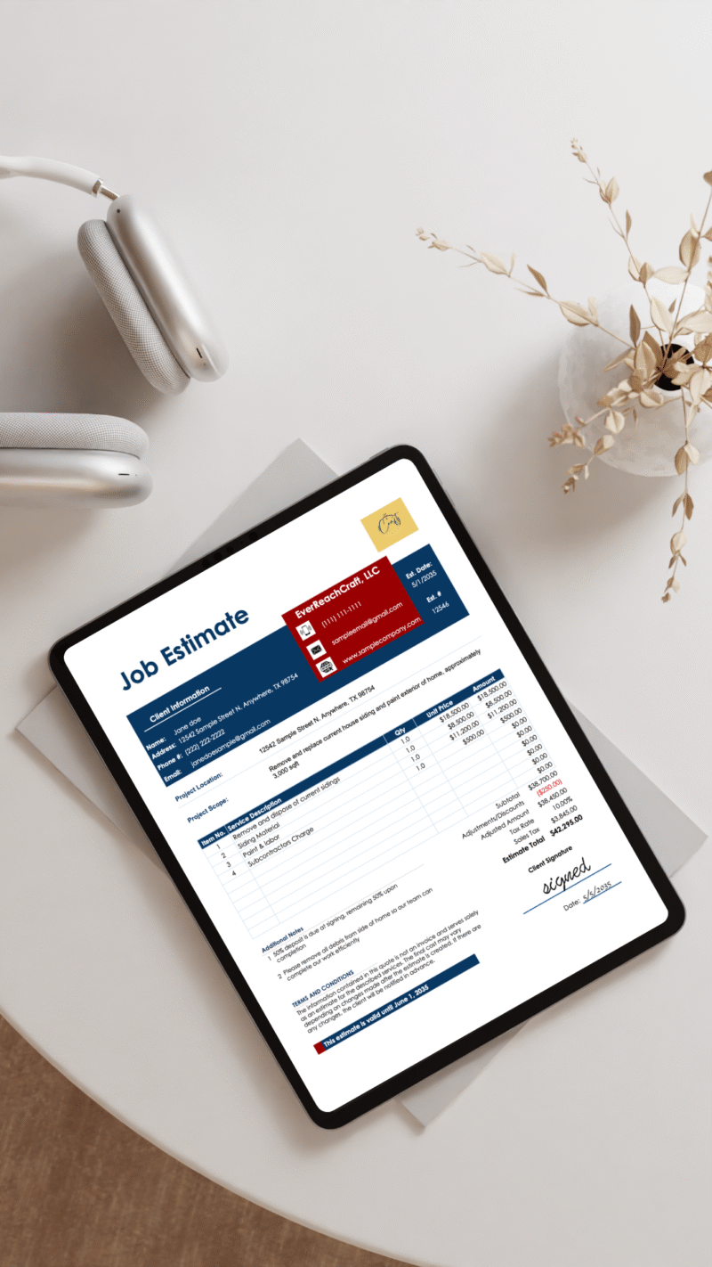 White Minimalist Clothes Tablet Mockup Instagram Story A tablet on a table showing the job estimate.
