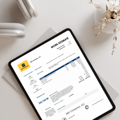 White Minimalist Clothes Tablet Mockup Instagram Story A tablet on a table showing the work estimate.