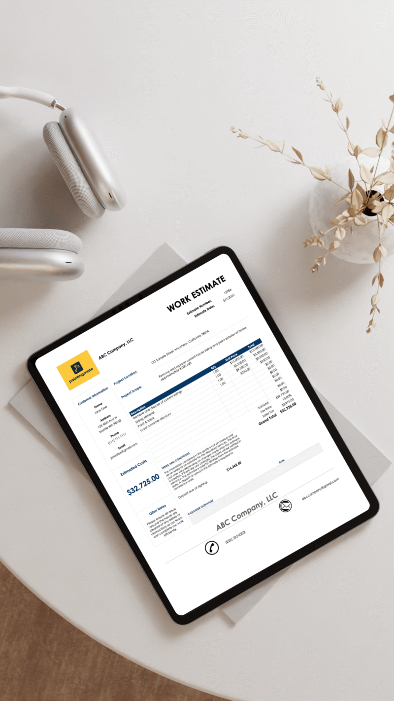 White Minimalist Clothes Tablet Mockup Instagram Story A tablet on a table showing the work estimate.
