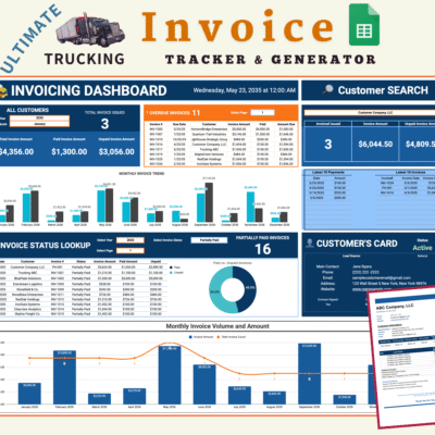 Ultimate trucking invoice tracker and generator in Google Sheets: an invoicing dashboard with total, paid and unpaid amounts, overdue invoices, monthly invoice trend, invoice status lookup, customer search and customer card, and a sample invoice.