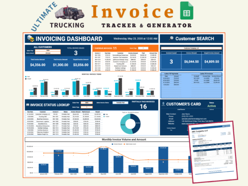 1 Ultimate trucking invoice tracker and generator in Google Sheets: an invoicing dashboard with total, paid and unpaid amounts, overdue invoices, monthly invoice trend, invoice status lookup, customer search and customer card, and a sample invoice.