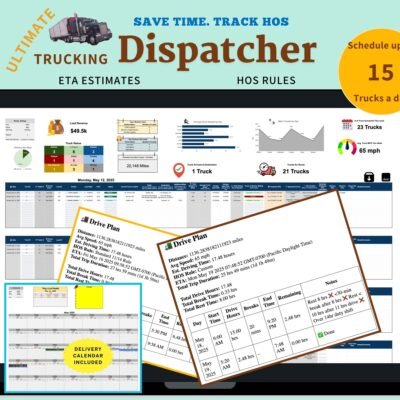 Ultimate trucking dispatcher for up to 15 trucks a day: a dispatch dashboard with load revenue, truck status and miles, drive plans with ETA and hours-of-service breaks, and a delivery calendar.