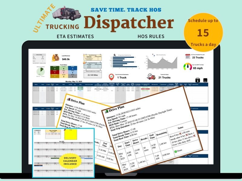 Ultimate trucking dispatcher for up to 15 trucks a day: a dispatch dashboard with load revenue, truck status and miles, drive plans with ETA and hours-of-service breaks, and a delivery calendar.