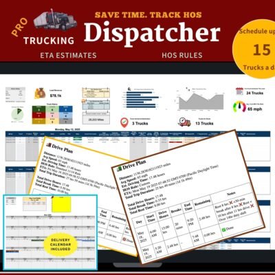 Pro trucking dispatcher for up to 15 trucks a day: a dispatch dashboard with load revenue, truck status and miles, drive plans with ETA and hours-of-service breaks, and a delivery calendar.
