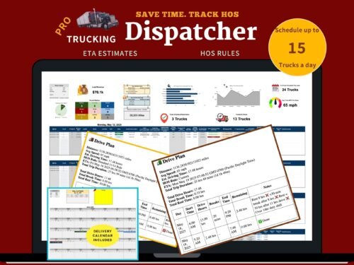 Pro trucking dispatcher for up to 15 trucks a day: a dispatch dashboard with load revenue, truck status and miles, drive plans with ETA and hours-of-service breaks, and a delivery calendar.