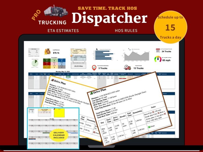 Pro trucking dispatcher for up to 15 trucks a day: a dispatch dashboard with load revenue, truck status and miles, drive plans with ETA and hours-of-service breaks, and a delivery calendar.