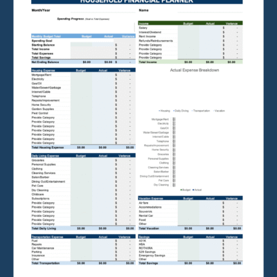 A blank household financial planner template ready to fill in.