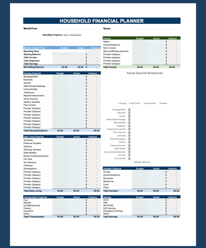 A blank household financial planner template ready to fill in.