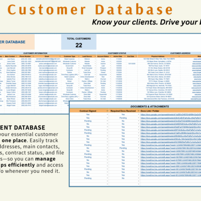 Customer database: each customer's contact details, type, lead source, account status, address and website, and a documents section tracking signed contracts and links to files.
