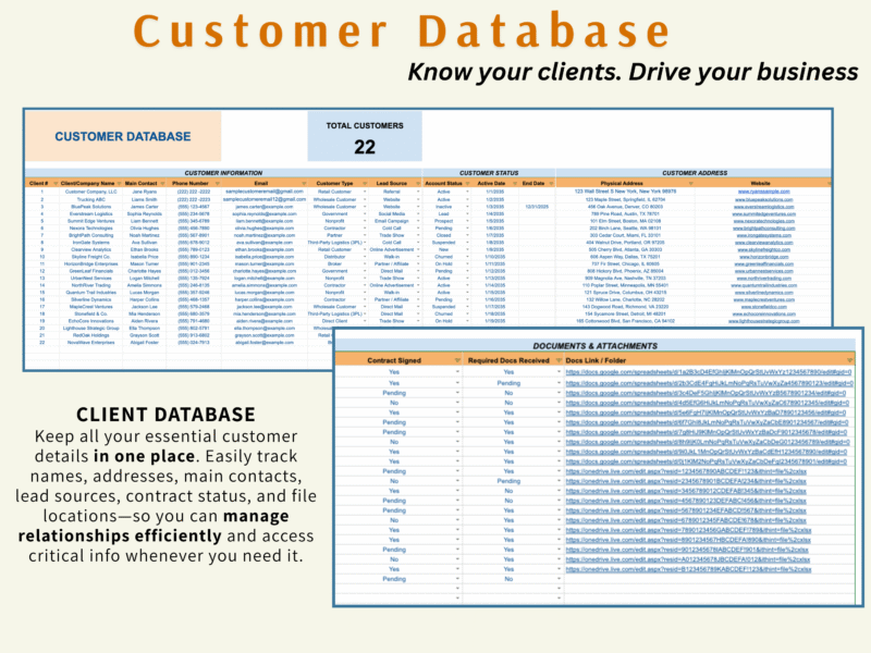 Customer database: each customer's contact details, type, lead source, account status, address and website, and a documents section tracking signed contracts and links to files.