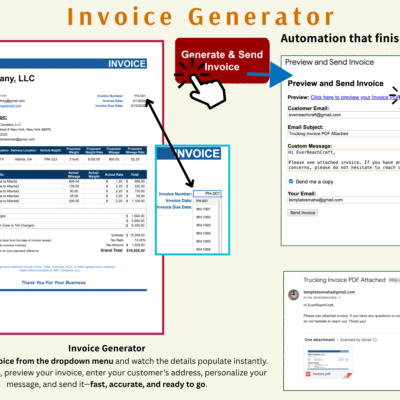 Invoice generator: select an invoice from the drop-down list and its details fill in; with one click, preview it, add the customer's email and a message, and send the PDF.