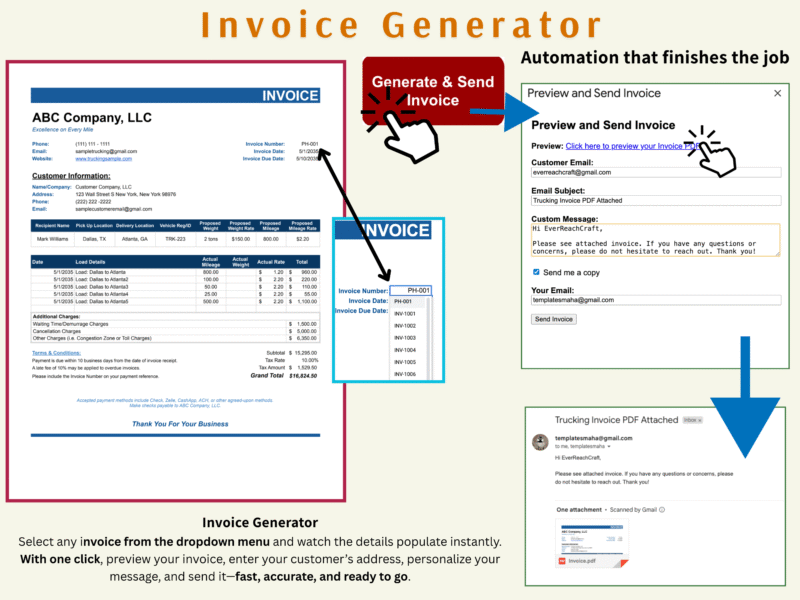 Invoice generator: select an invoice from the drop-down list and its details fill in; with one click, preview it, add the customer's email and a message, and send the PDF.