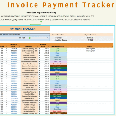 Invoice payment tracker: link each payment to an invoice from a drop-down list to see the invoice total, payments received and remaining balance.