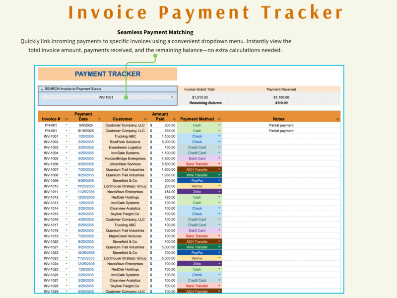 Invoice payment tracker: link each payment to an invoice from a drop-down list to see the invoice total, payments received and remaining balance.