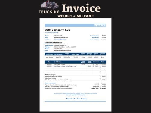 Trucking invoice for weight and mileage, without a logo: customer information, pick-up and delivery locations, proposed weight and mileage rates, actual mileage and weight charges per load, additional charges, tax and grand total.